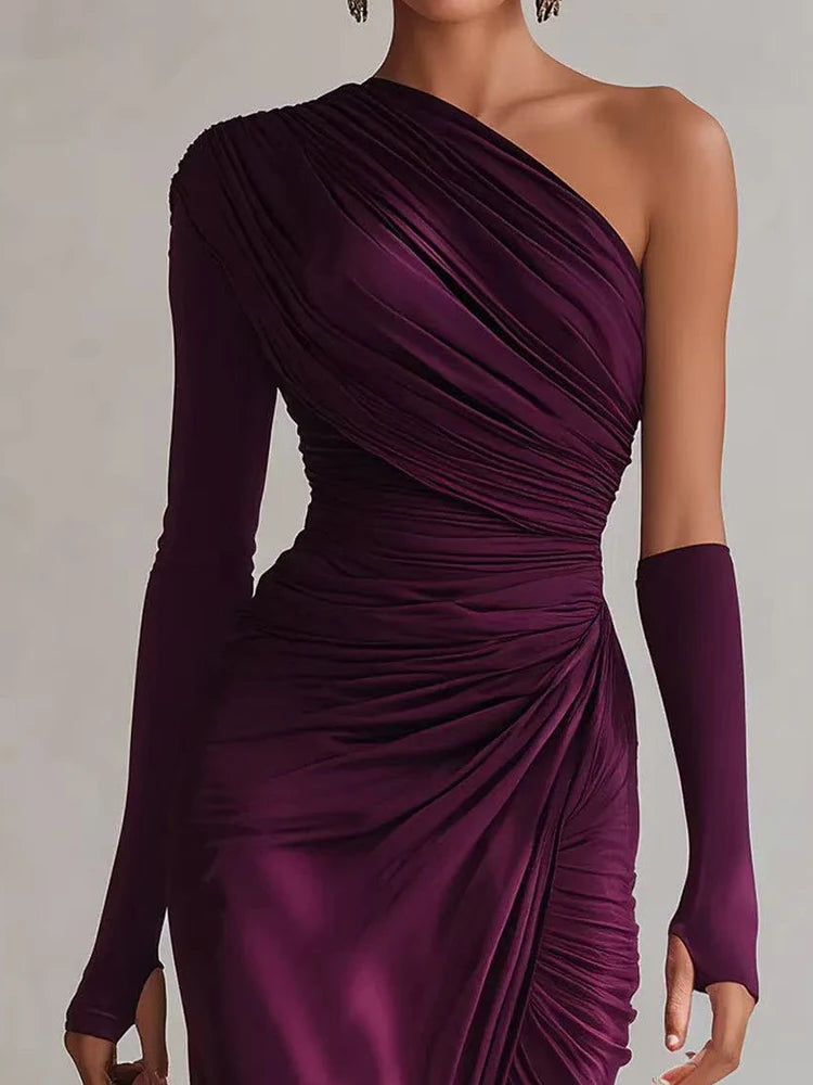 Far Hills Skew Collar Solid Fashion One Shoulder Party Elegant Patchwork Maxi Dress