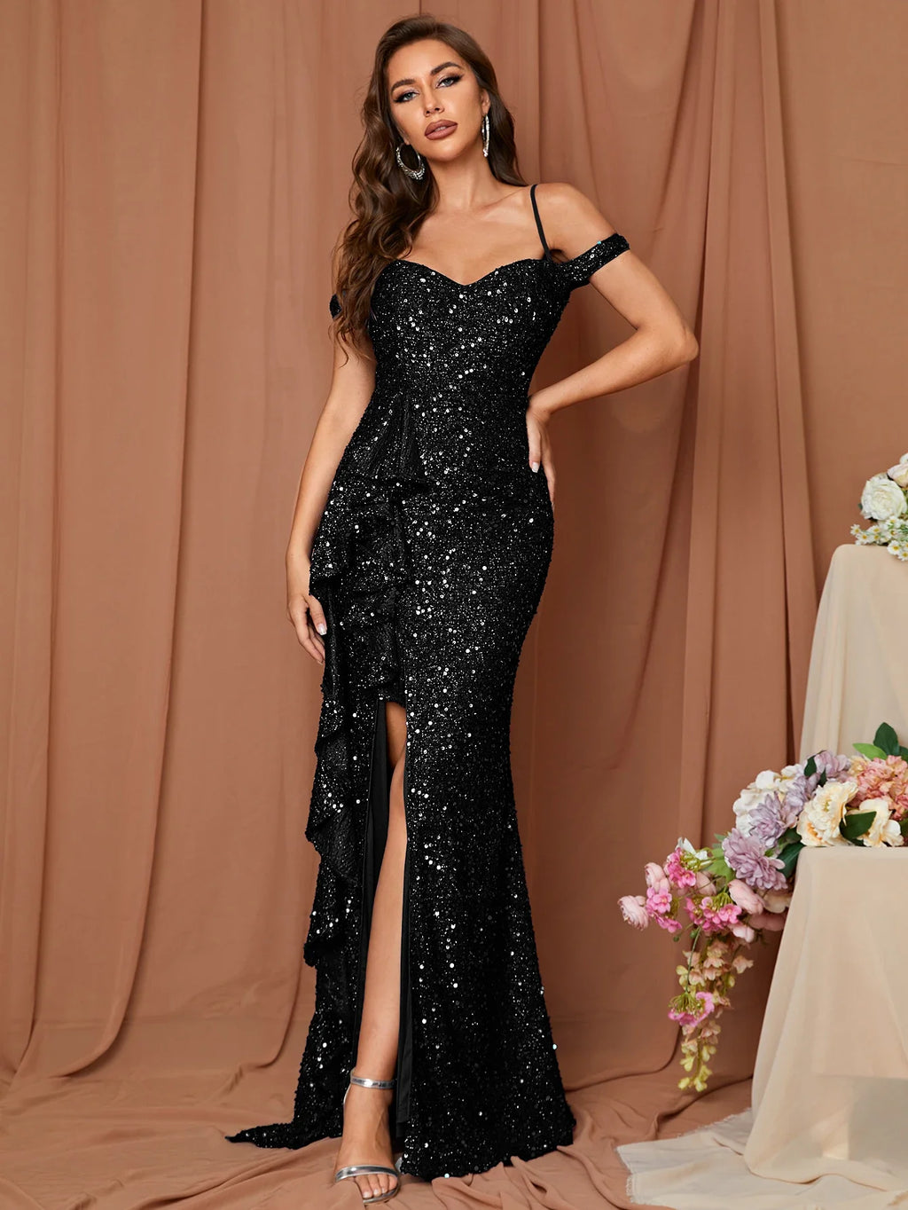 Kansas Sexy One Line Neck Slim Fit Sequin Split Evening Party Maxi Dress