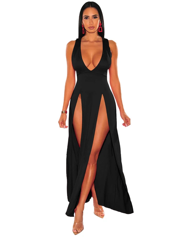 Byram Sexy Deep V Neck High Split Bodycon Cocktail Party Maxi Dress