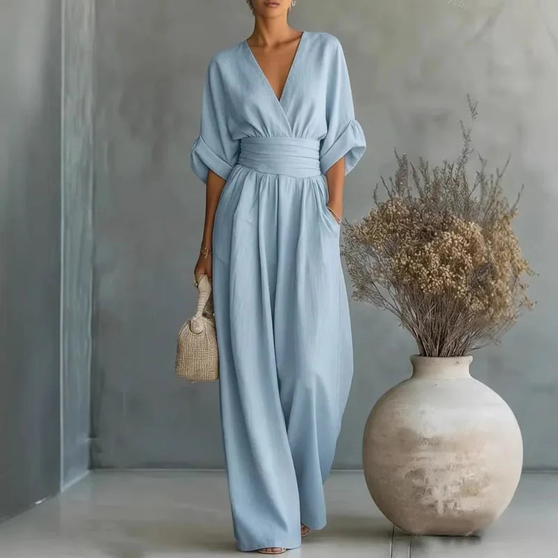 Women's Jumpsuit Fashion High Waist V-neck Casual Jumpsuits Sexy Solid Color Office Wide Leg Trousers Overalls Linen Chic
