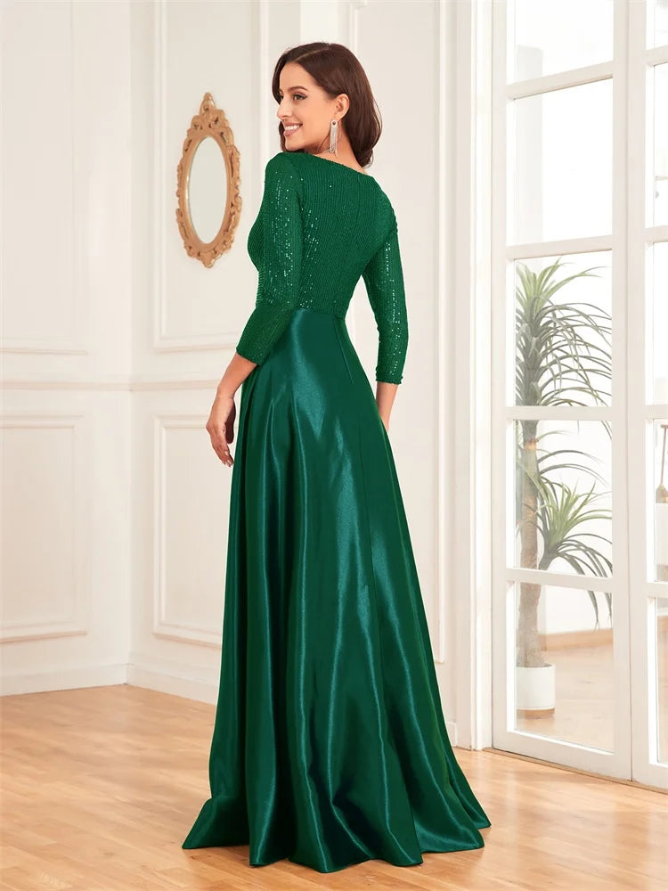 Egipt Elegant Sequins Long sleeves Evening Luxury Deep V Neck Satin Dress