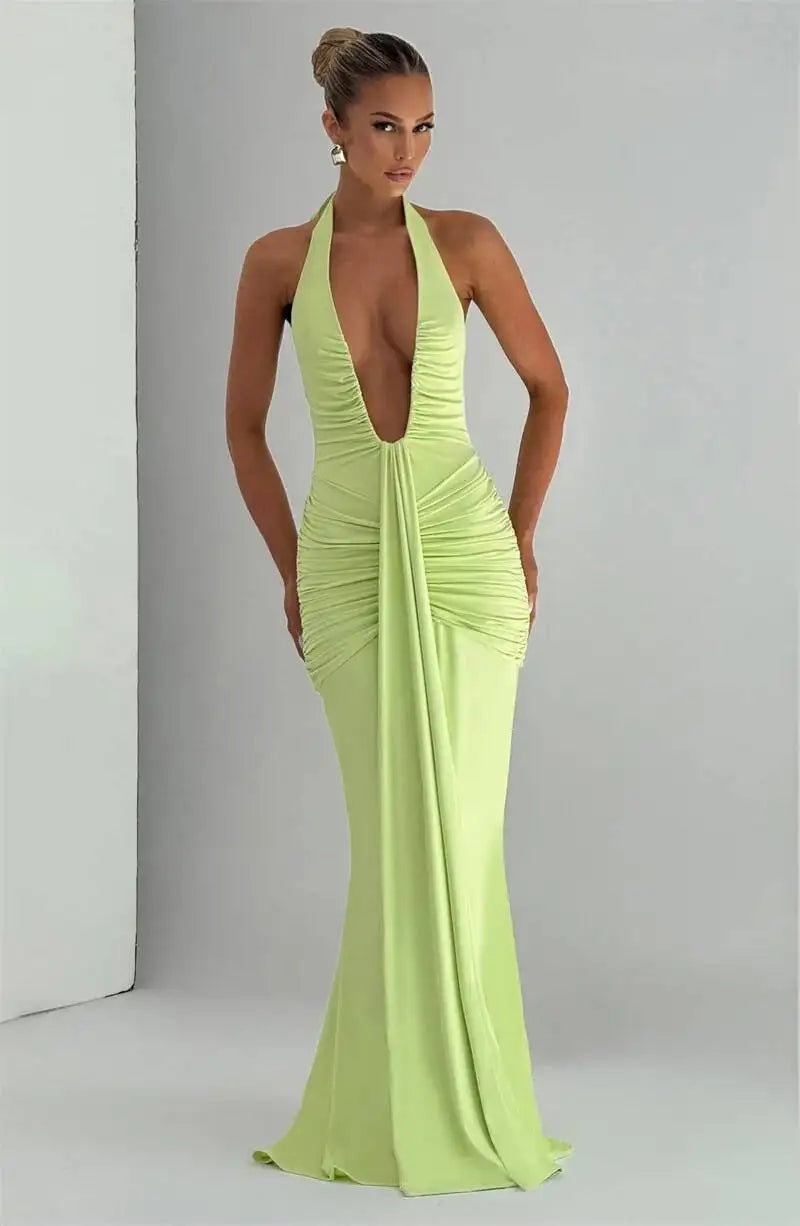 Deep V Neck Draped Ruched Sexy Halter Sleeveless Backless Club Party Long Dress