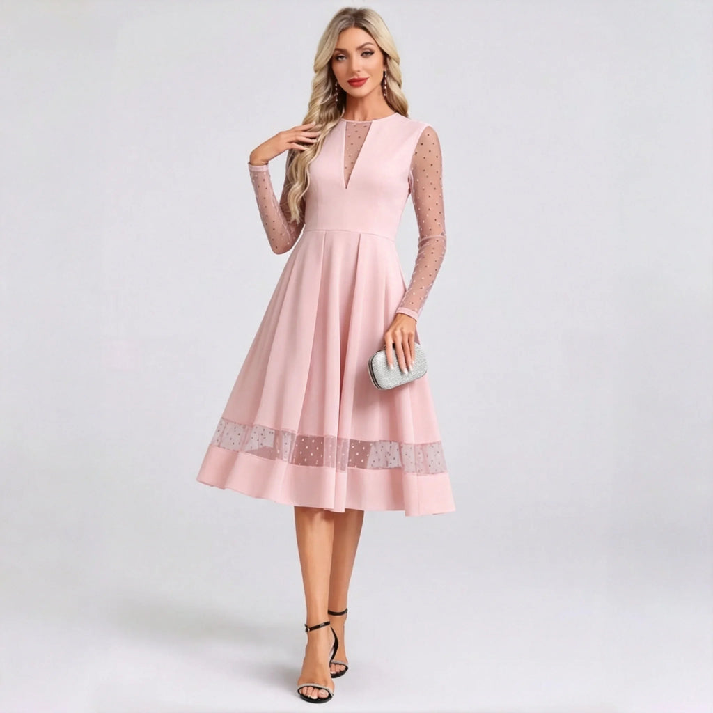 Benice Black Midi Cocktail Polka Dot Mesh Long Sleeve Illusion A‑Line Swing Dress