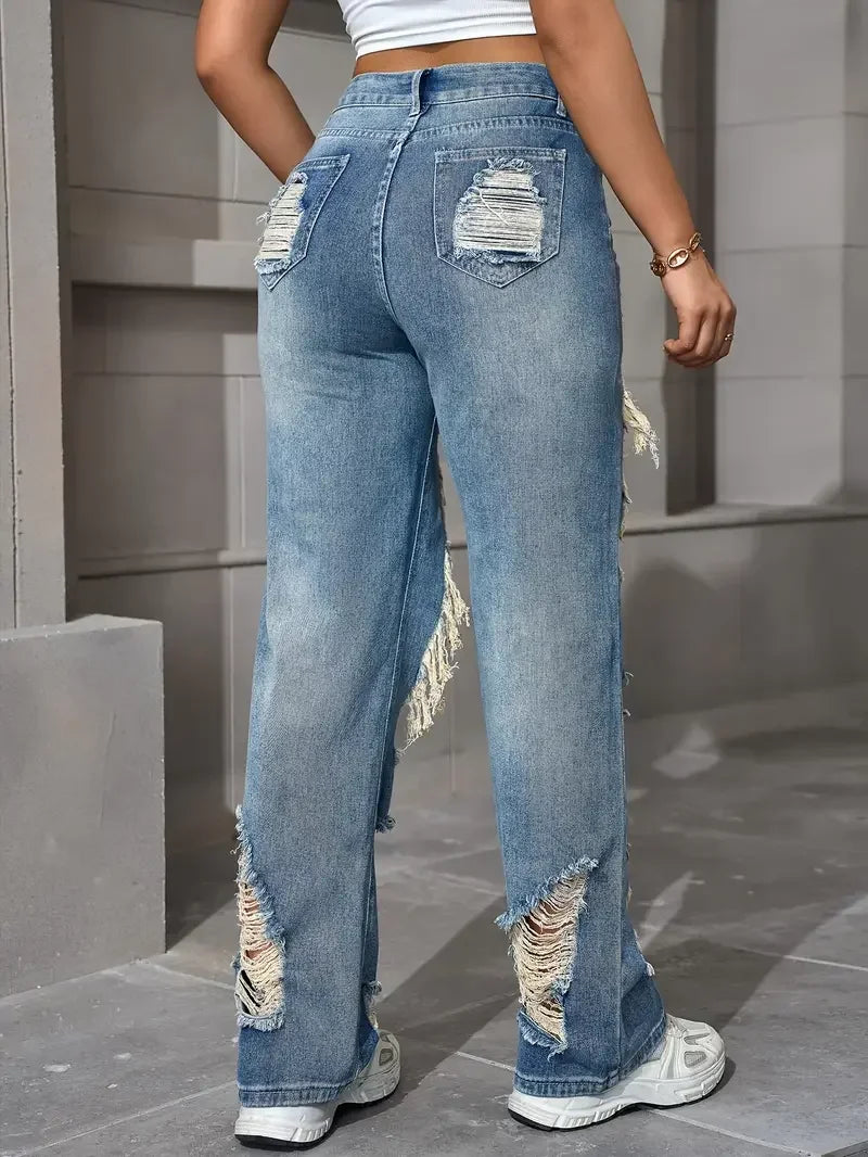 Harvey Cedar Light Washed Ripped High Waist Baggy Straight Leg  Denim