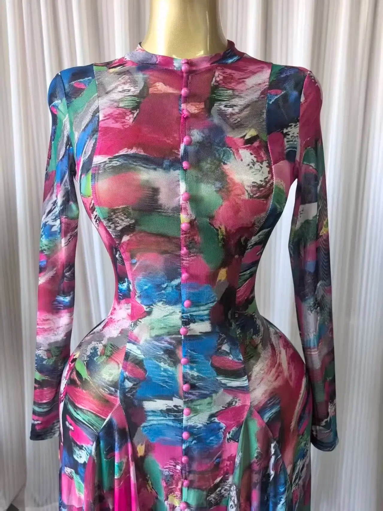 Turkunkan O Neck Long Sleeve Big Swing Tie Dye Print Long Dress