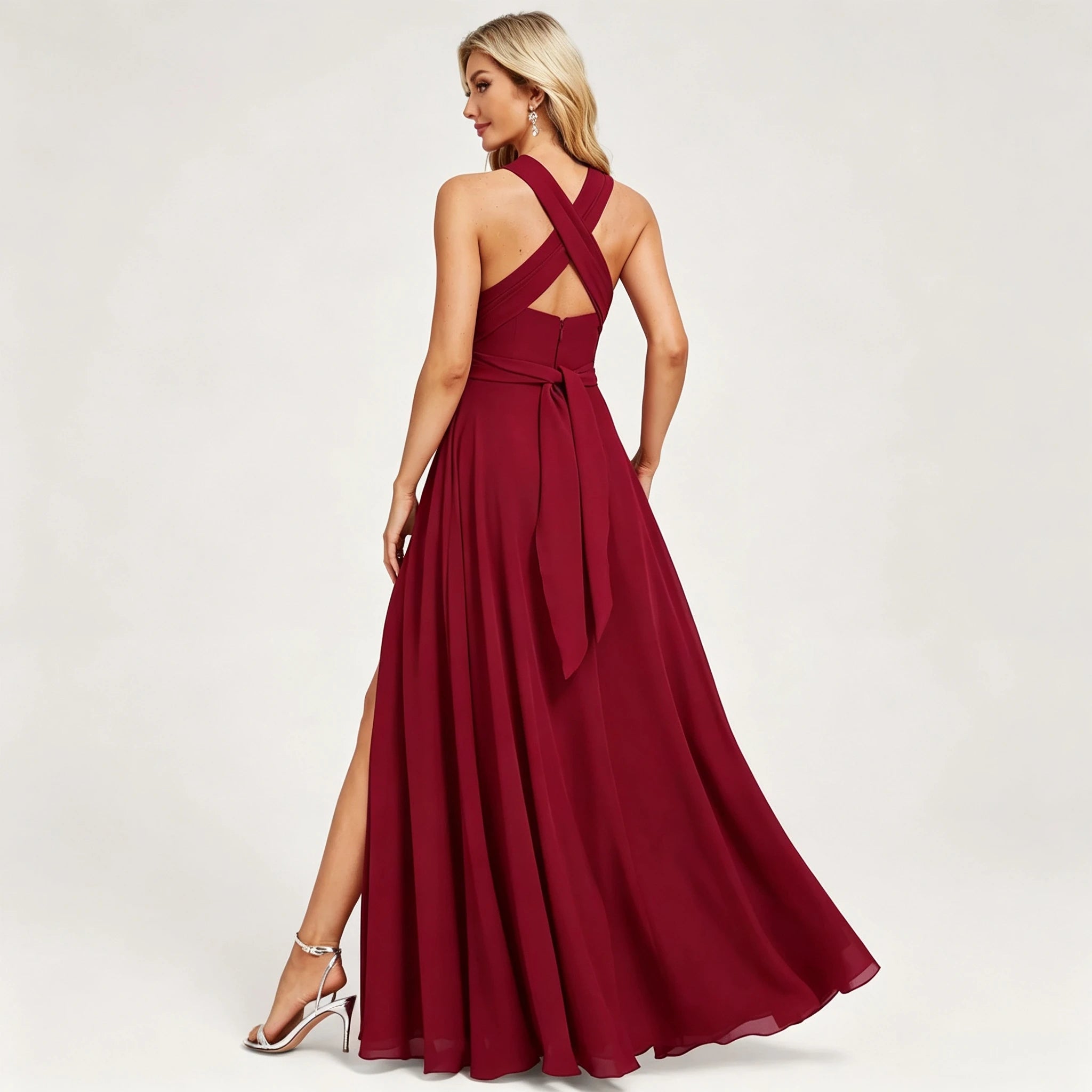 Montclair Multi Wrap Convertible Chiffon Long Bridesmaid Gown Front Split Dress
