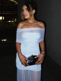 Cowen Off Shoulder Mesh Apricot See Through Ruched Dress