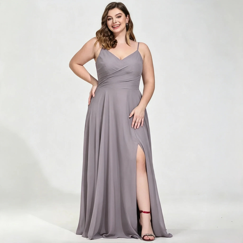 New York Plus Size Burgundy Chiffon Bridesmaid Spaghetti Strap Surplice V Neck Ruched Dress