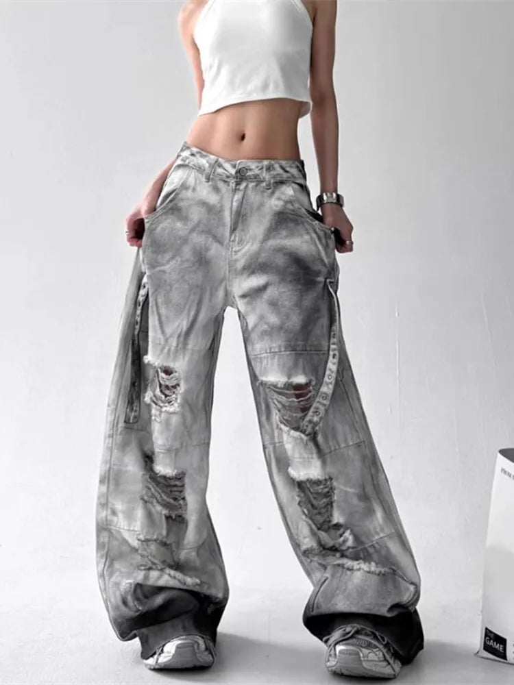 Jeans American High Street Ripped Straight Wide-Leg Jeans For Women Design
