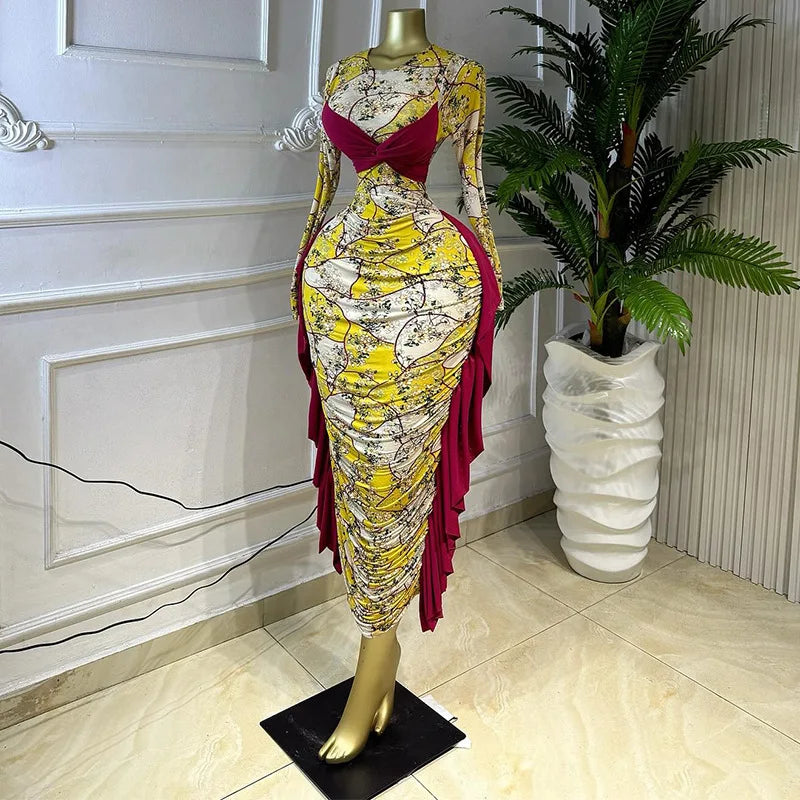 Kukutan O-neck Long Sleeve Floral Print Ruched Ruffles Long Maxi Dress
