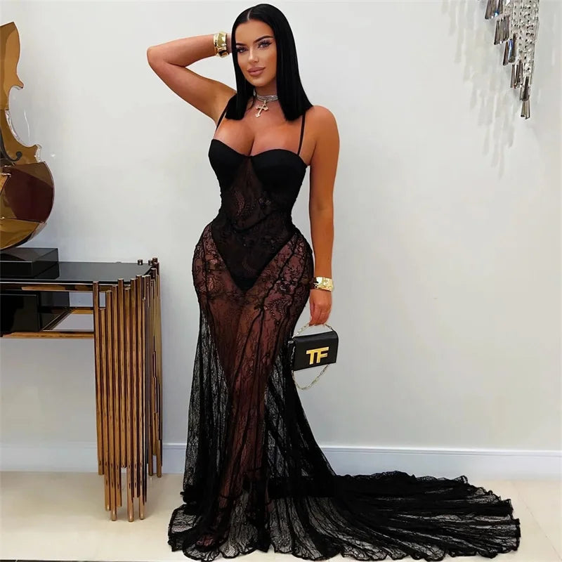 Harlem See Through Lace Mermaid Evening Dress Nightclub Spaghetti Strap