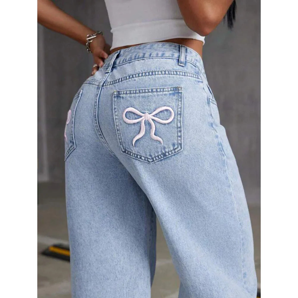 2026 Women Jeans Embroidery High Waist Distressed Washed Denim Wide