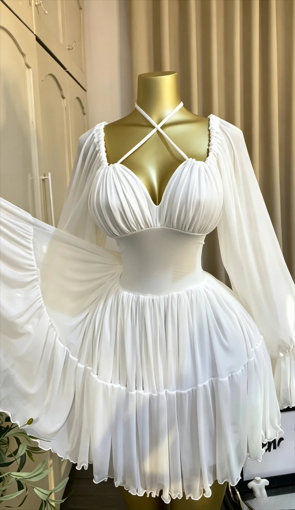 Saint Louis SL Flare Long Sleeve Strapless Halter Pleated Mini Dress