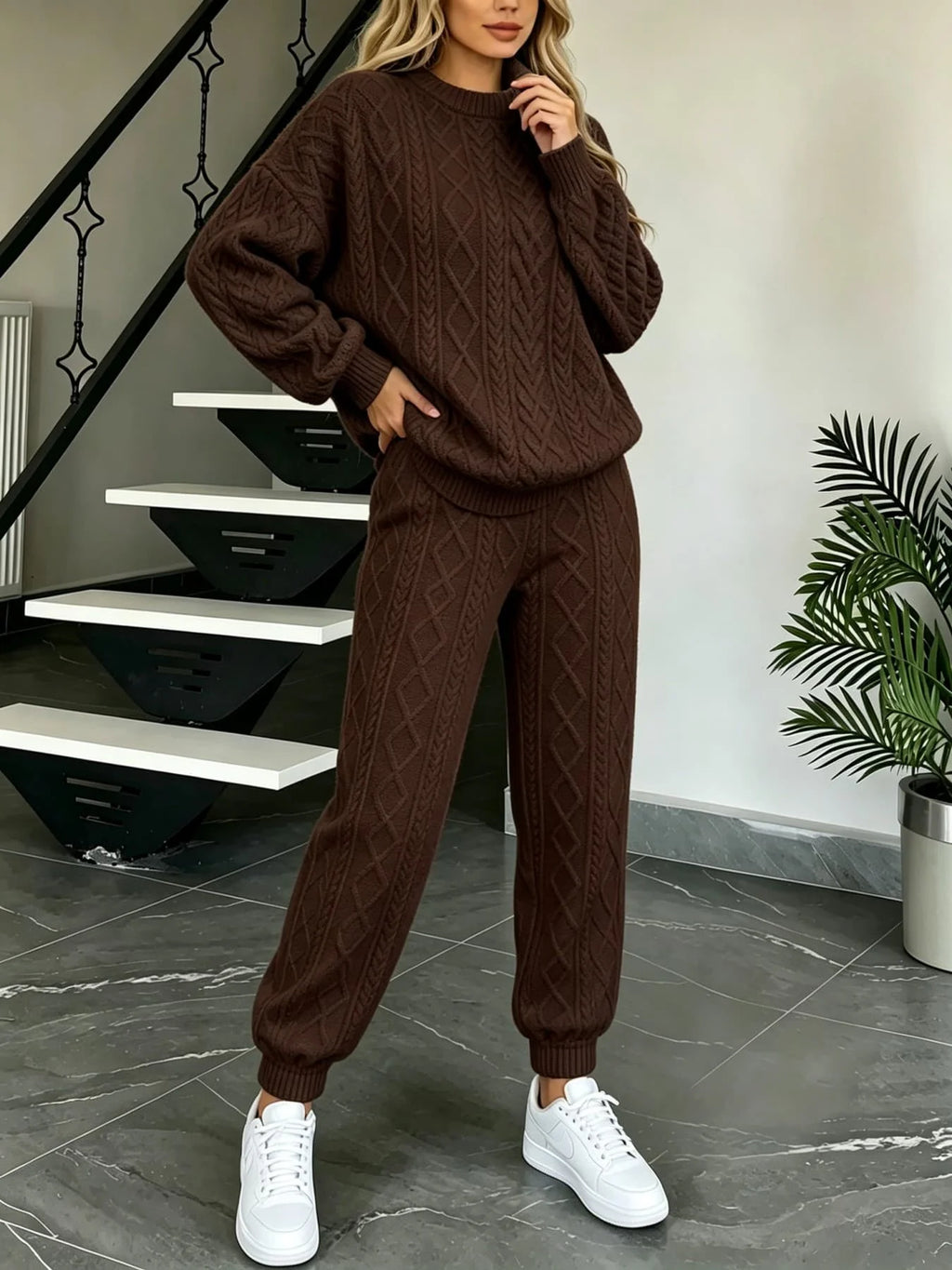 Wanda Cable Knit O‑Neck Long Sleeve Two Piece Sets