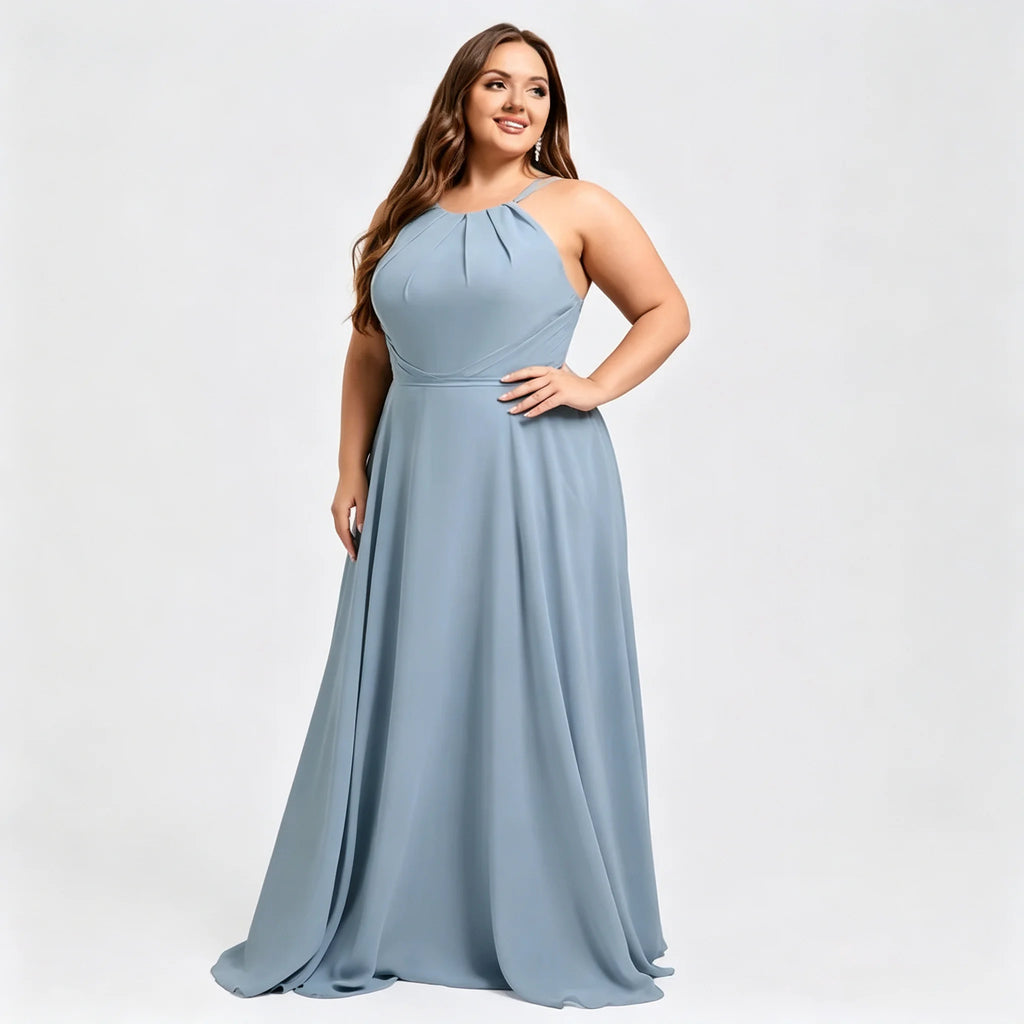 Los Mina Plus Size Halter Chiffon Bridesmaid Spaghetti Straps A Line Maxi Dress