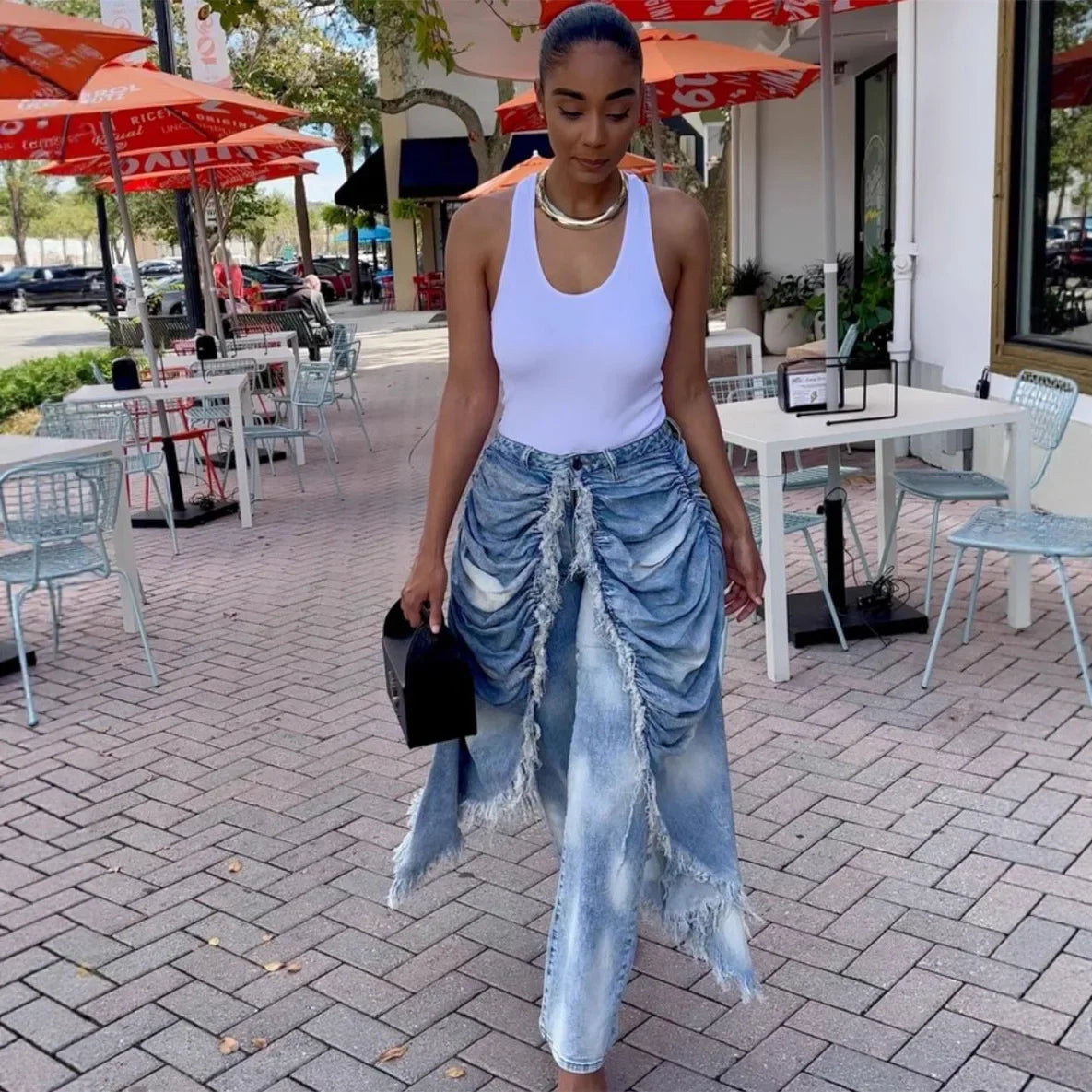 Absecon Ruched Frayed Trim Casual Contrast High Street Vintage Casual Asymmetric Denim