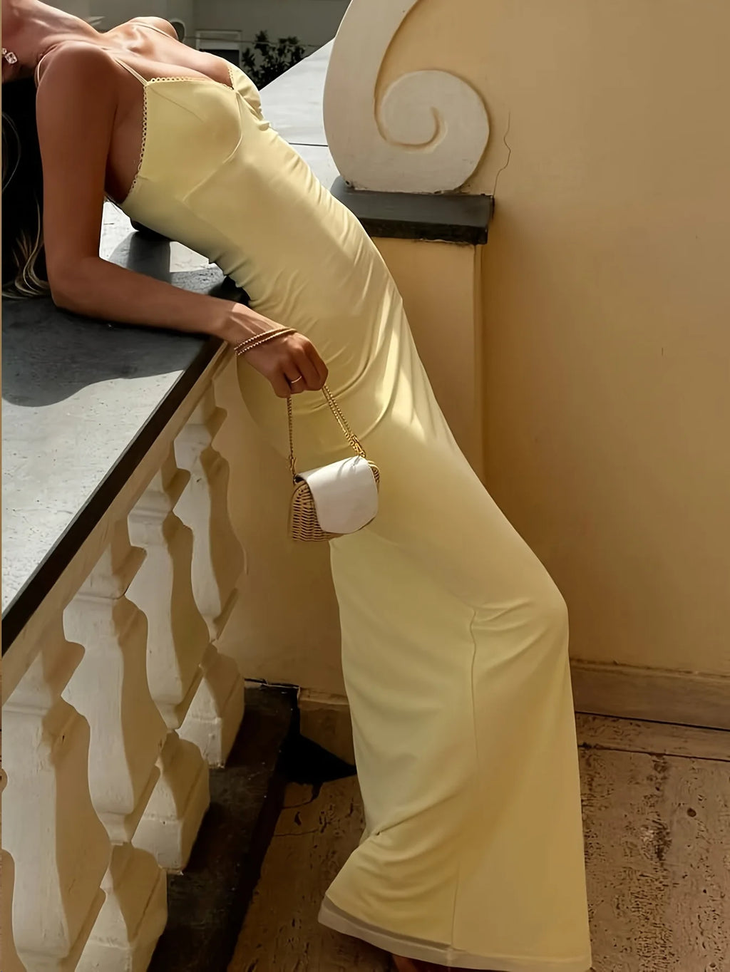 Delaware V Neck Yellow Dress With Sexy Backless Casual Slim Dyed Dress