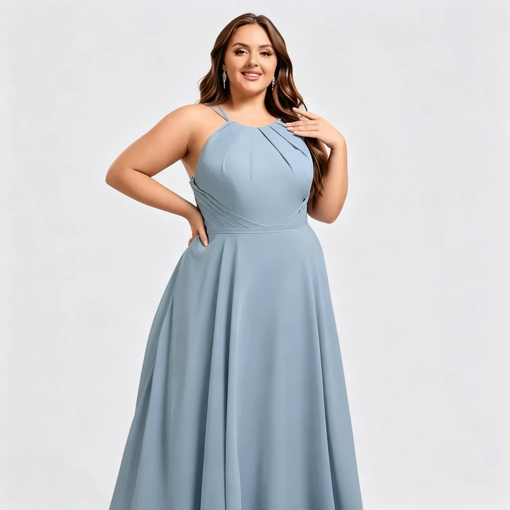 Los Mina Plus Size Halter Chiffon Bridesmaid Spaghetti Straps A Line Maxi Dress