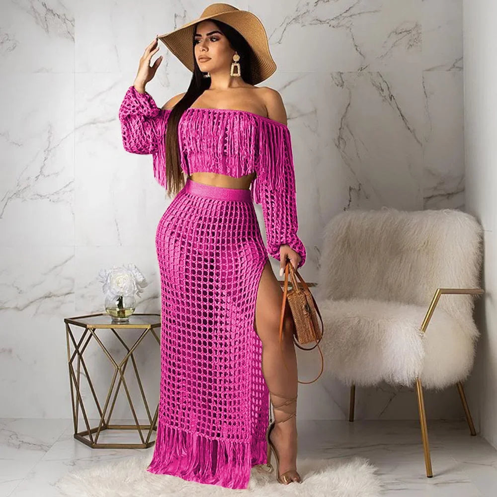 Off Shoulder Tassel Hollow Out Beach Set