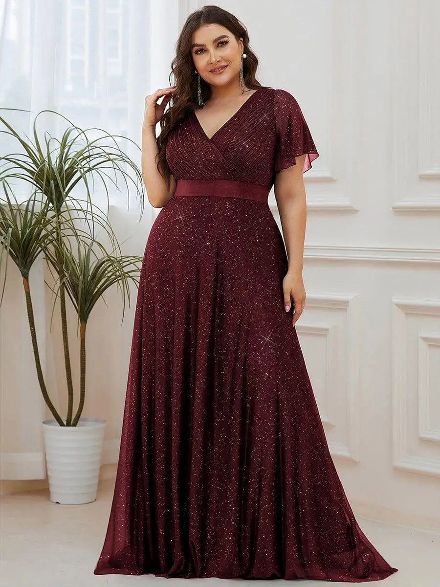 Gazcue Plus Size Chiffon Mother of the Bride Party Glitter V Neck A Line Dress
