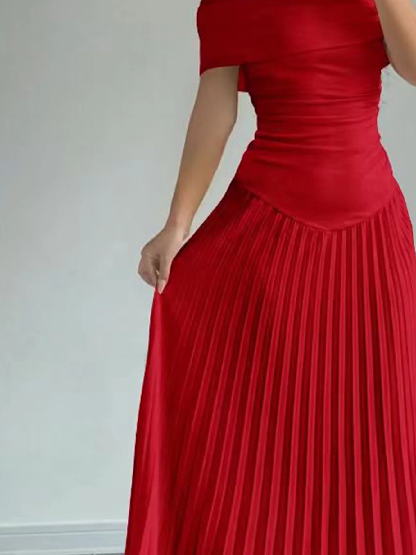 Randolph Solid One Shoulder Ruffle Hem Pleated Long Slim Fit Dress