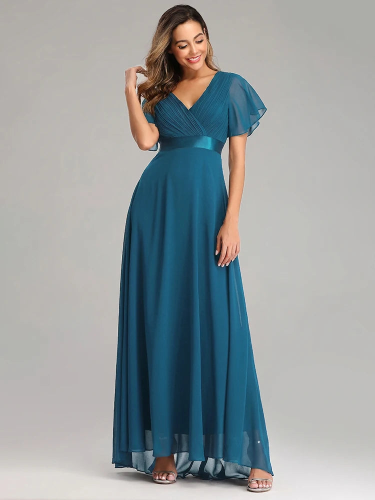 Kerney Elegant V Neck Ruffles Chiffon Formal Evening Gown Dress