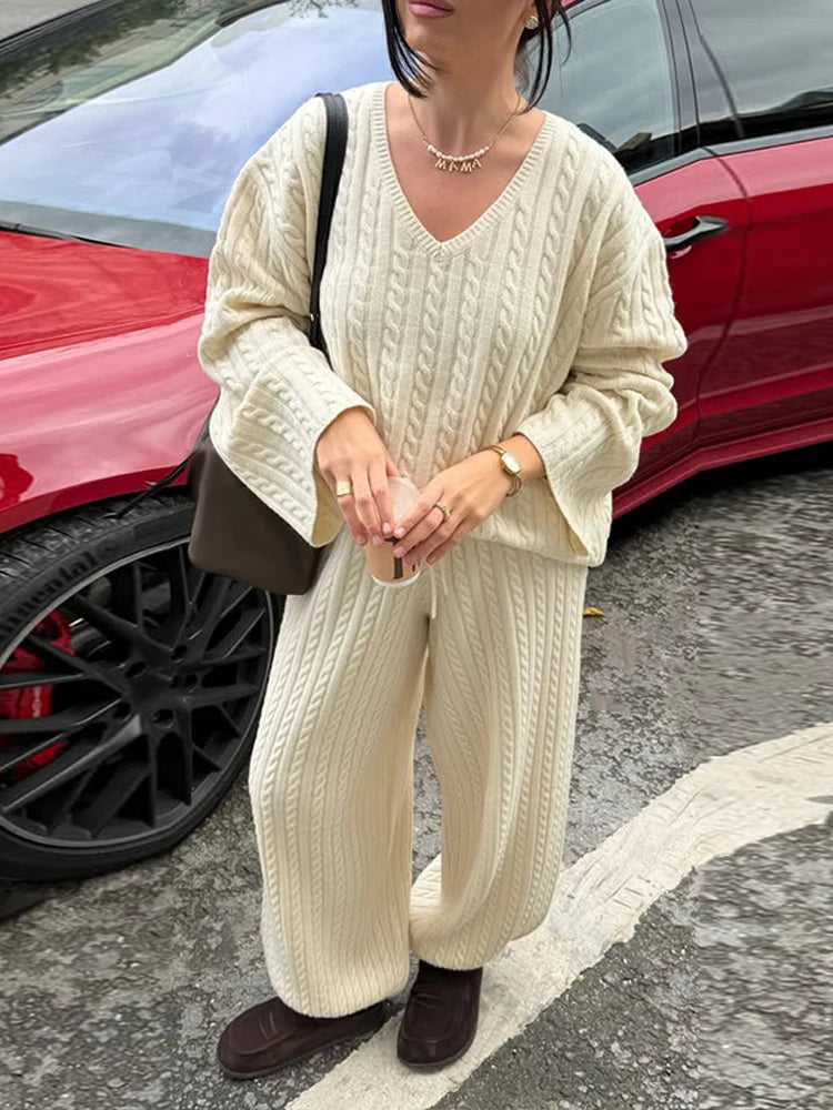 Pamela V Neck Cable Knit Wide Leg Two Piece Sets