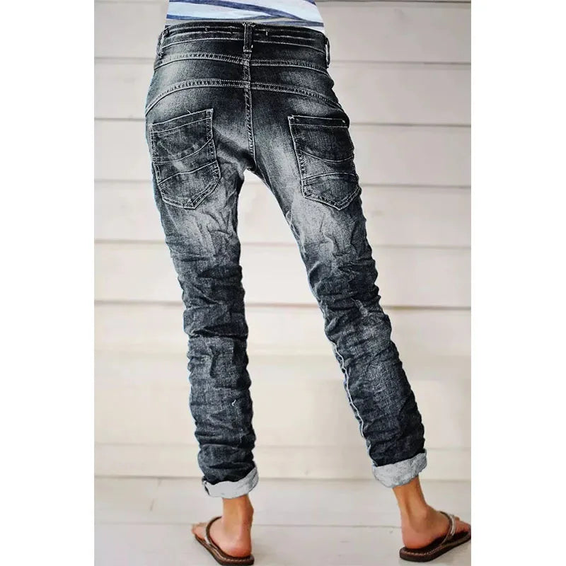 Jeans for Women Drawstring Elastic-waisted Jeans Casual Button Baggy Jeans