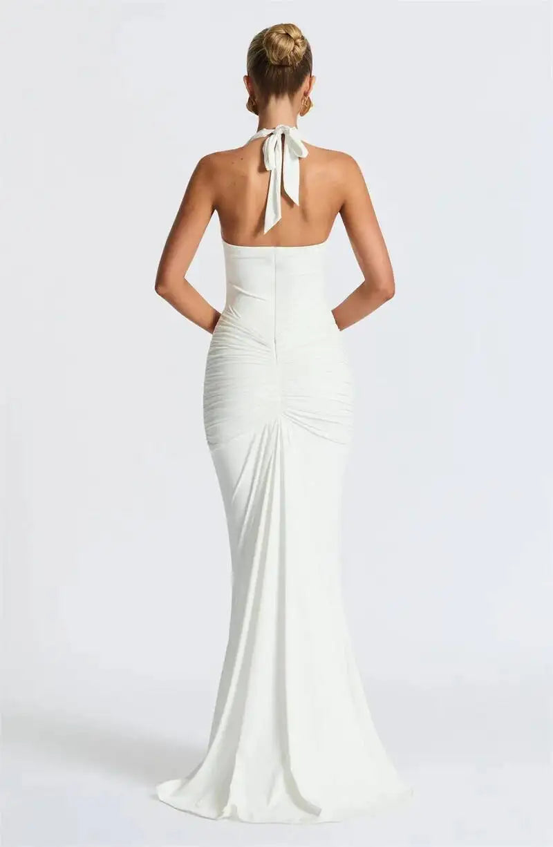 Deep V Neck Draped Ruched Sexy Halter Sleeveless Backless Club Party Long Dress