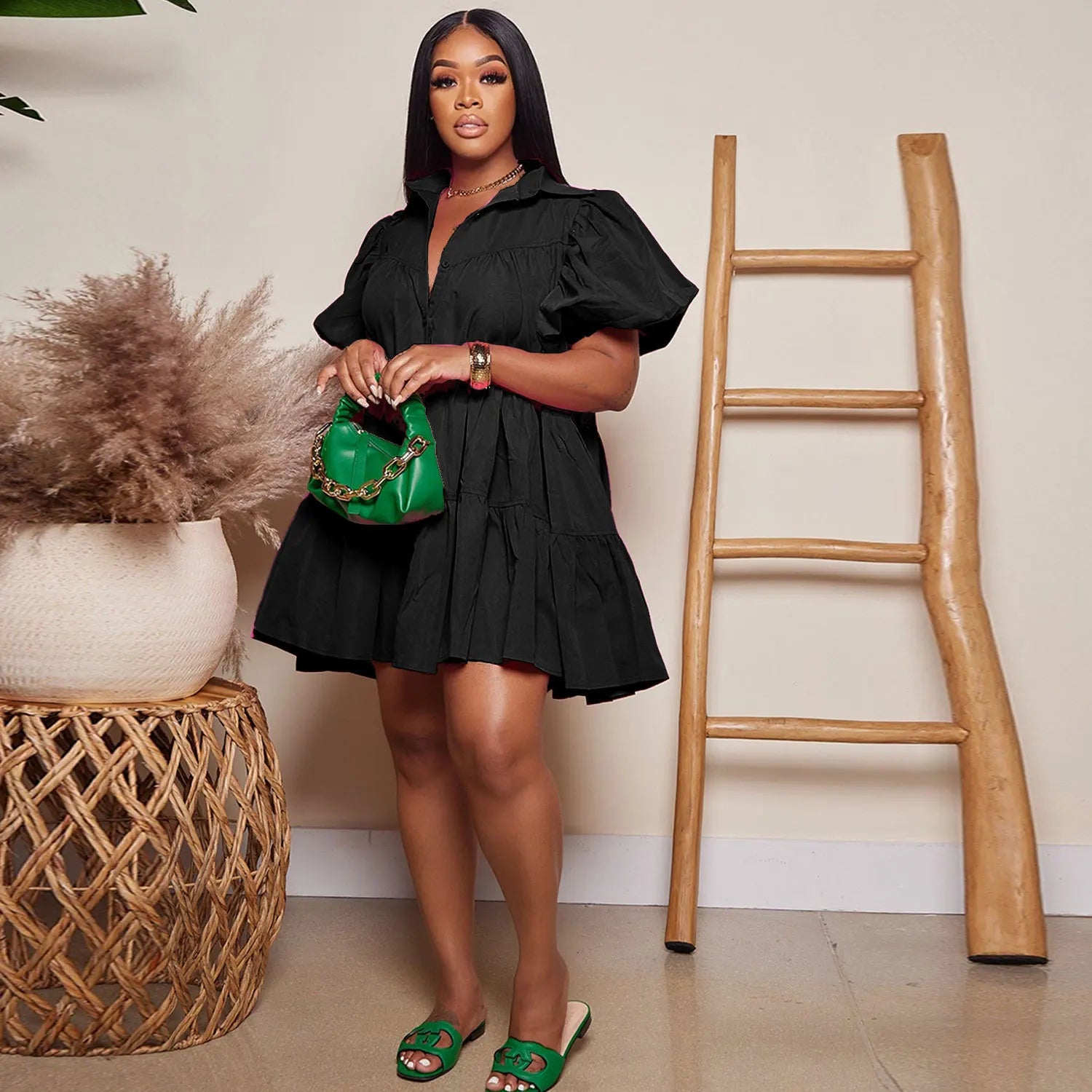 Secaucus Puff Sleeve Single Breasted Lapel Collar Babydoll Street White Big Swing Dress