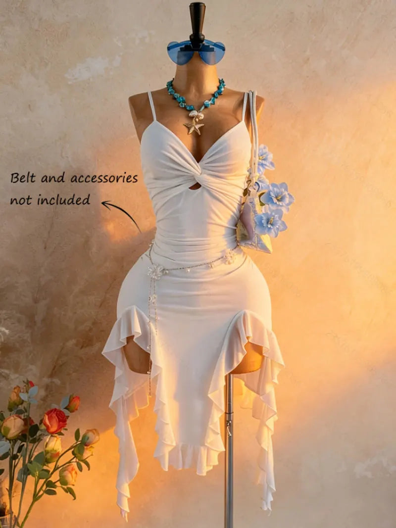 Hamburg Spaghetti Strap Asymmetrical White Folds Mini Dress