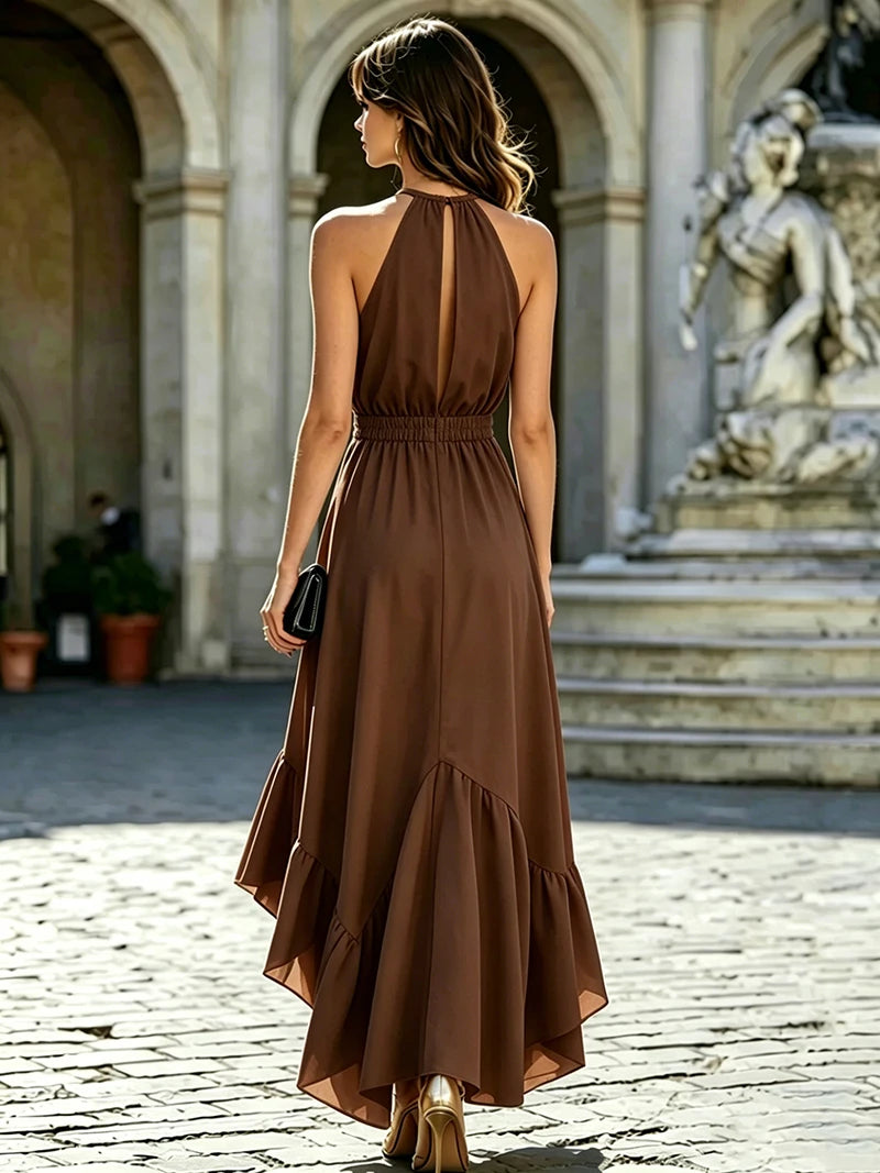 Long Sleeveless with Ruffle Neckline And Side Slit Polyester Material Midi Length Dress