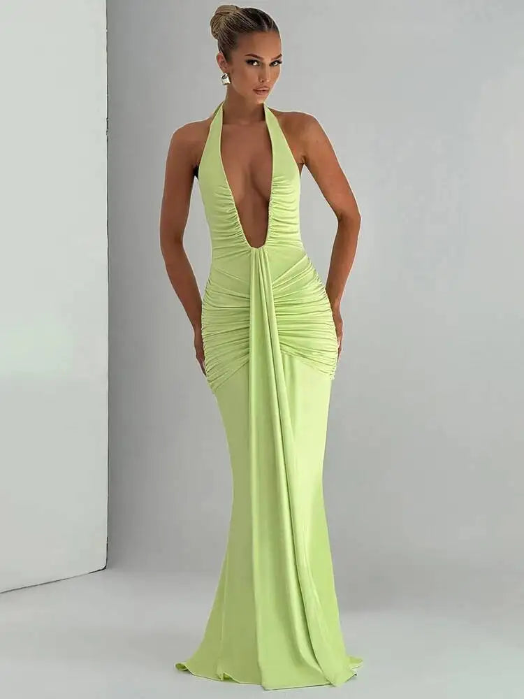 Deep V Neck Draped Ruched Sexy Halter Sleeveless Backless Club Party Long Dress