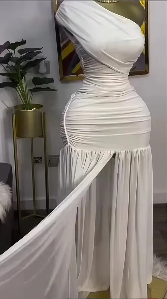 Elegant Skew Neck One Sleeve Off Shoulder Mesh Slit Long Maxi Dresses
