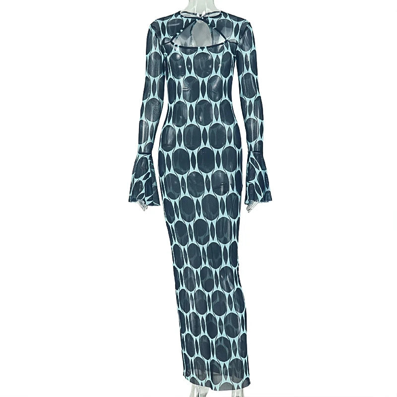 Warren Printed See Through Mesh Full Sleeve Hollow Out Slim Bodycon Long Dress