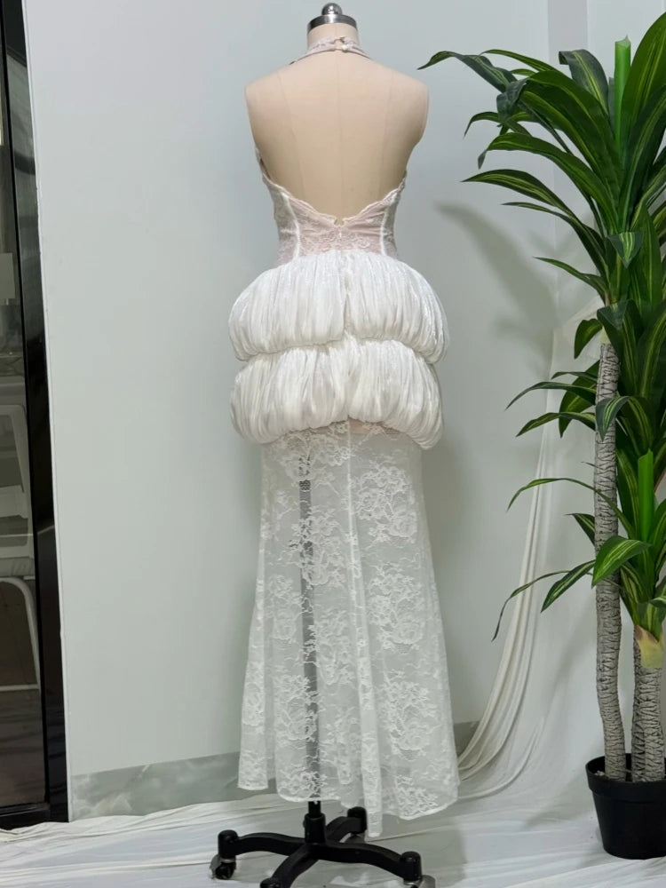 Cotui Sexy Halter Neck Lace Patchwrok Tiered Ruffles Long Backless Slim Dress