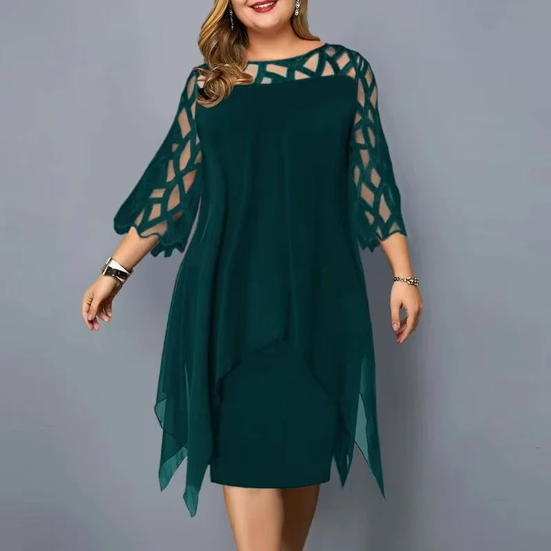 Cancun Hollow Chiffon Comfortable Loose Plus Size Elegant Solid Color Midi Dress