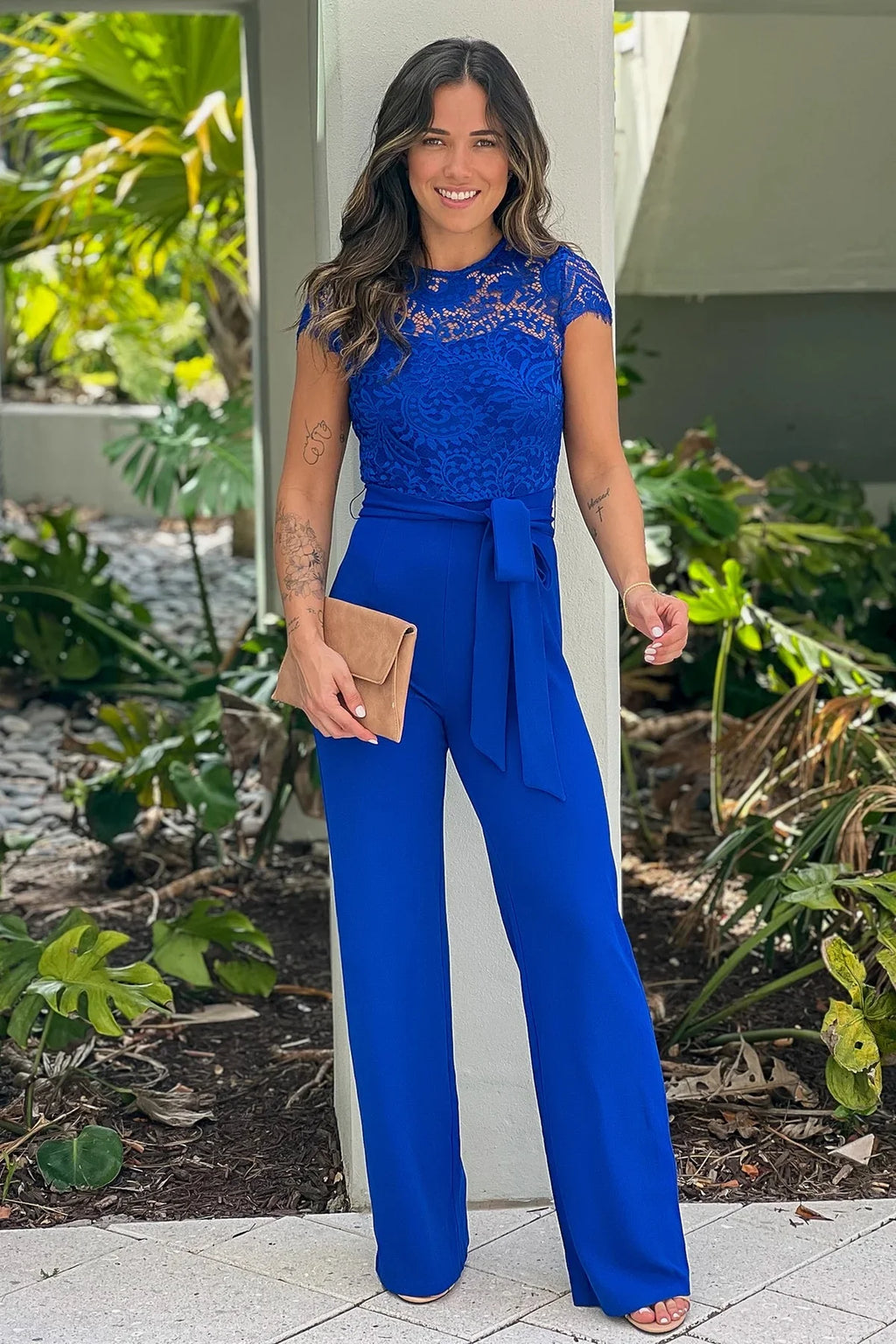 Jumpsuit Women Round Neck Lace Cap Sleeve Waist Tie Solid Wide Leg Elegant