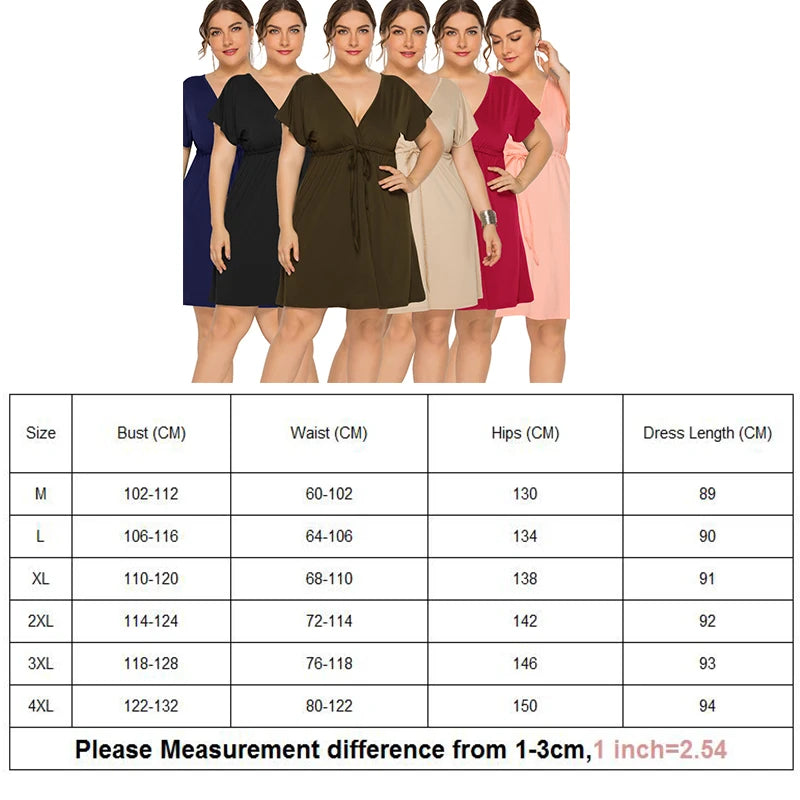 PLUS SIZE V Neck Sleeve Elastic Waist Frenulum Casual Loose Mini Dress