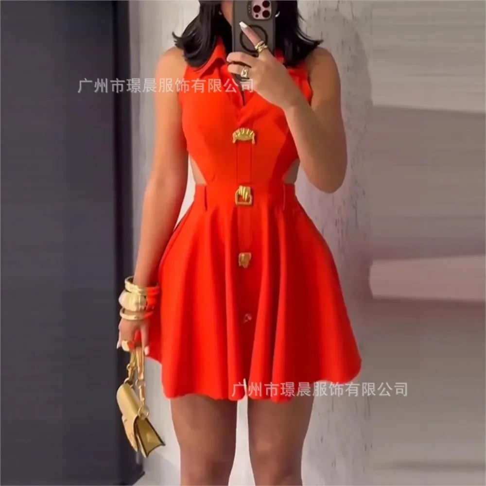 Clark Fashionable Sleeveless Hollowed Out Lapel Mini Dress