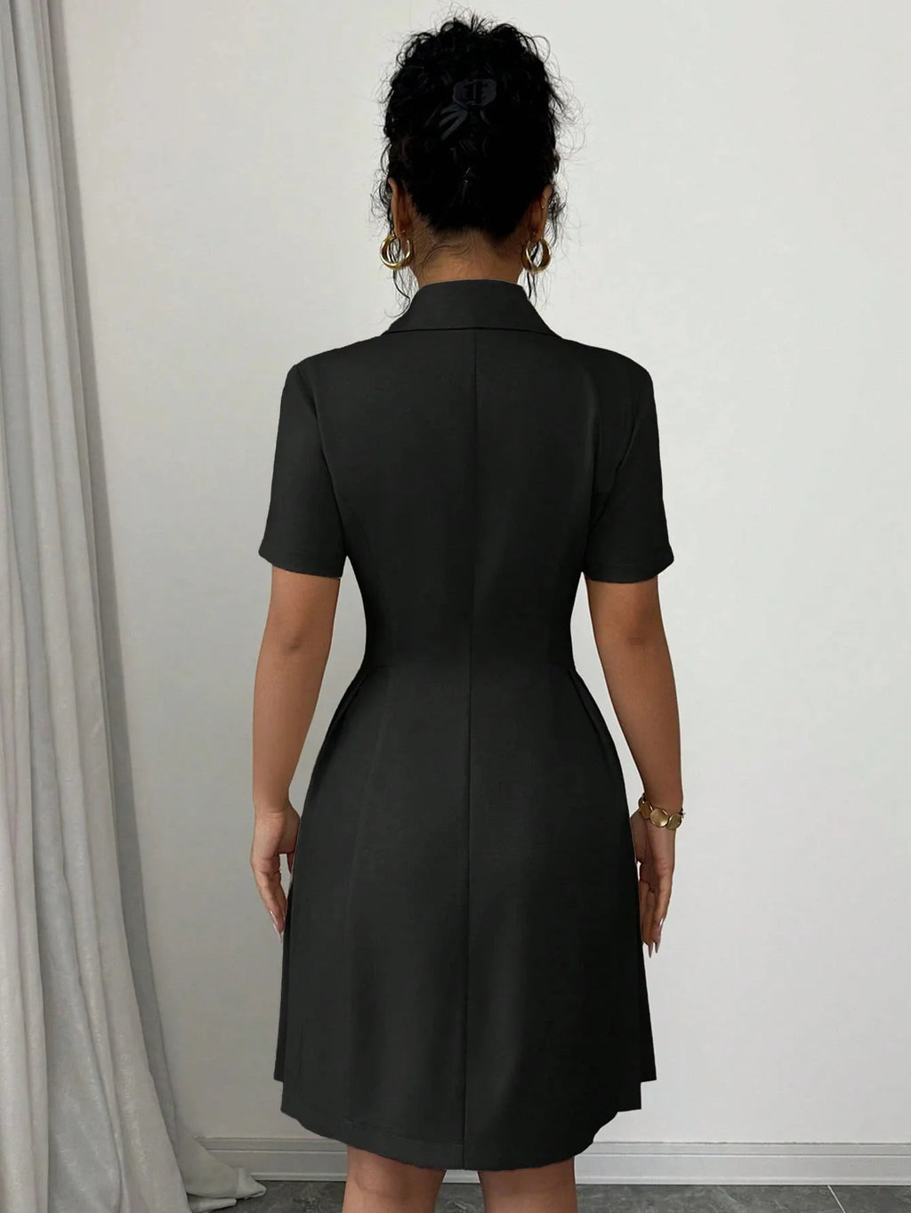 All Ways Solid Color Notched Lapel Double Breasted Short Sleeve Slim Midi Dress