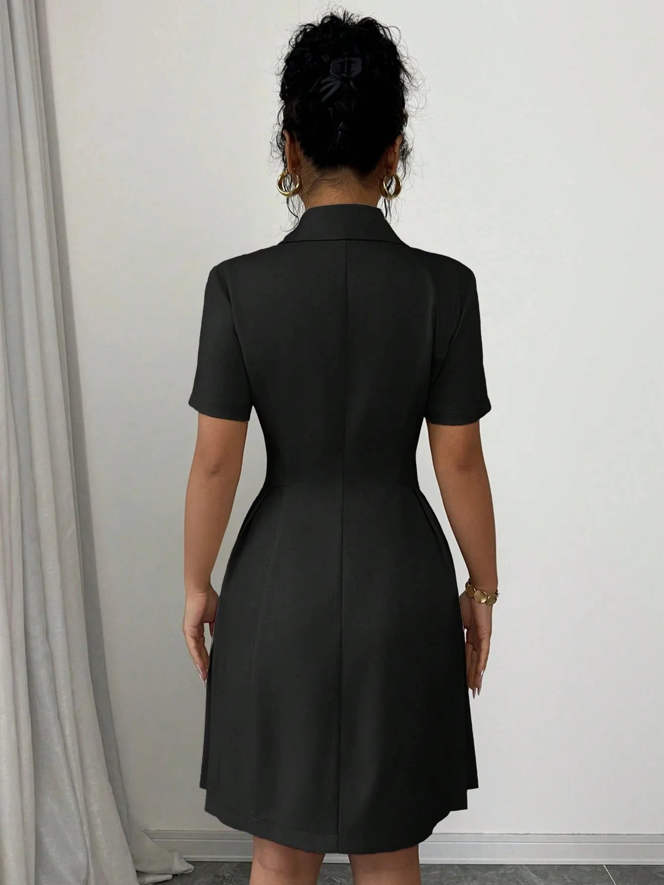 All Ways Solid Color Notched Lapel Double Breasted Short Sleeve Slim Midi Dress