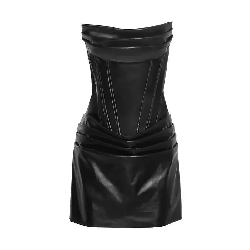 Ronkonkoma PU Pleated Sleeveless Strapless Pleated Party Dress