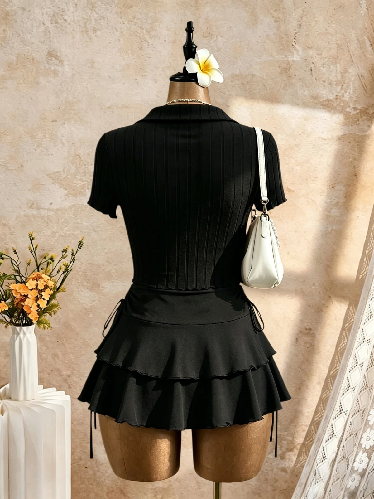 Adriana Ribbed Polo Collar Front Tie Two Piece Sets