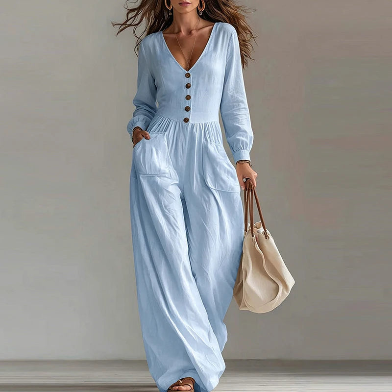 Elegant Woman Jumpsuit V Neck Long Sleeve Button Playsuits Female Casual Overalls White Long Jumpsuits For Women Outfits White