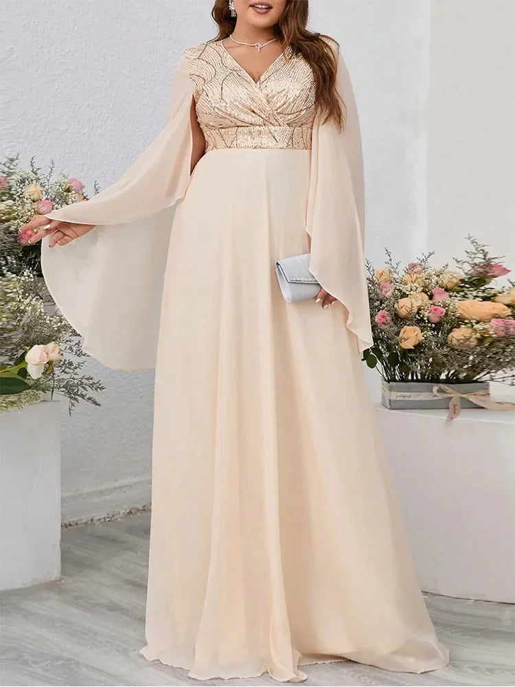 Athena Plus Size V Neck  Sequin Loose Long Ruffled Chiffon Maxi Dress