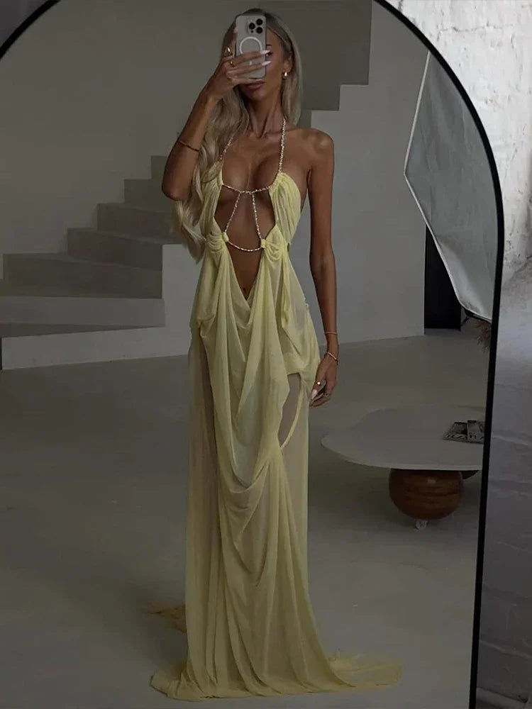 Pine Plains Sexy See Through Luxury Chain Halter Low Neck Backless Dress