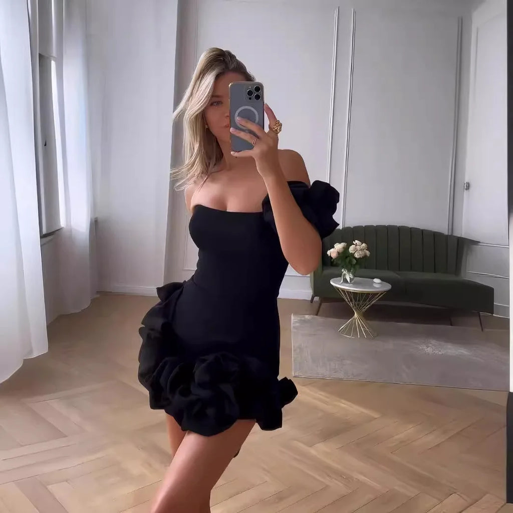 La Playa Elegant Temperament Party Flower Sleeveless Off-Shoulder Sexy Pleated Dress