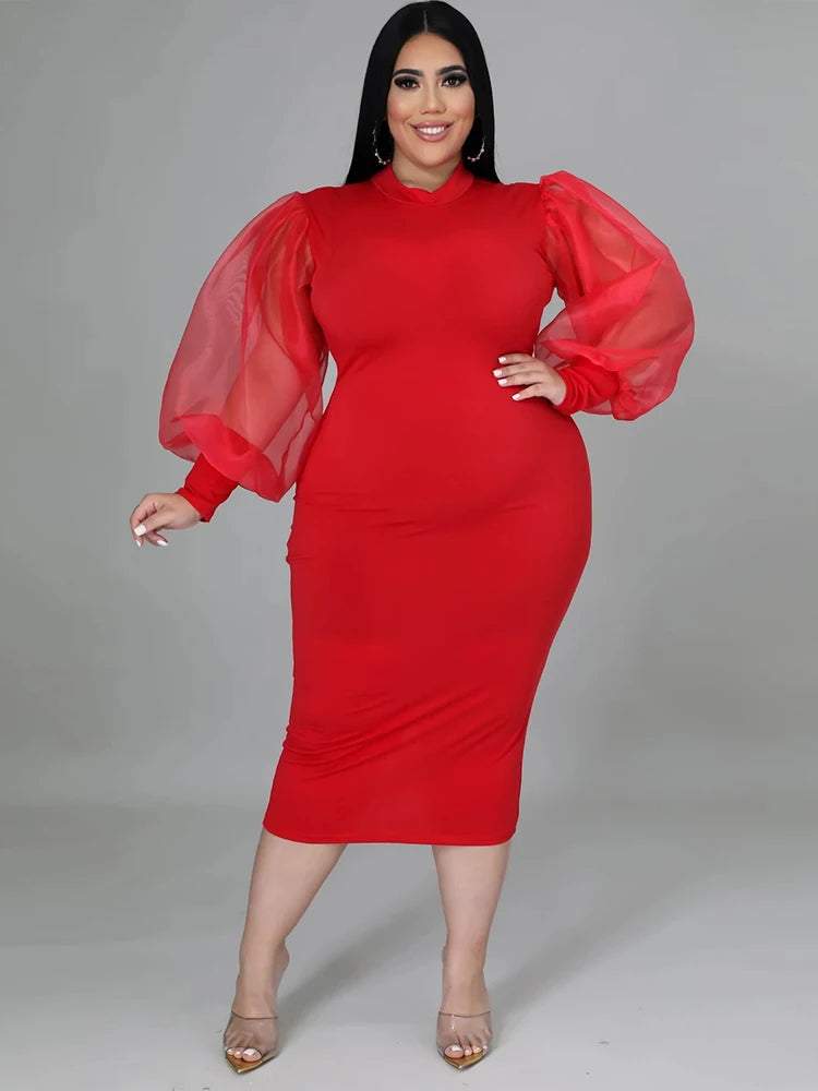 Newton Plus Size Solid Color Spring Mesh Lantern Long Sleeve Dress