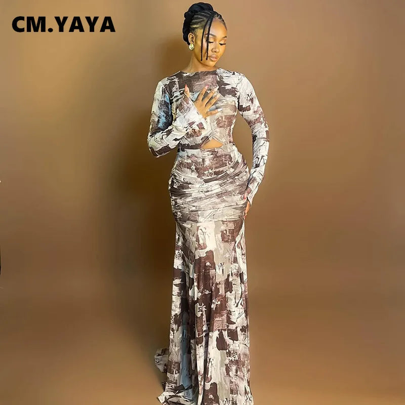 Quintana Roo Printed Ruched Long Sleeve Cutout Maxi Long Dress